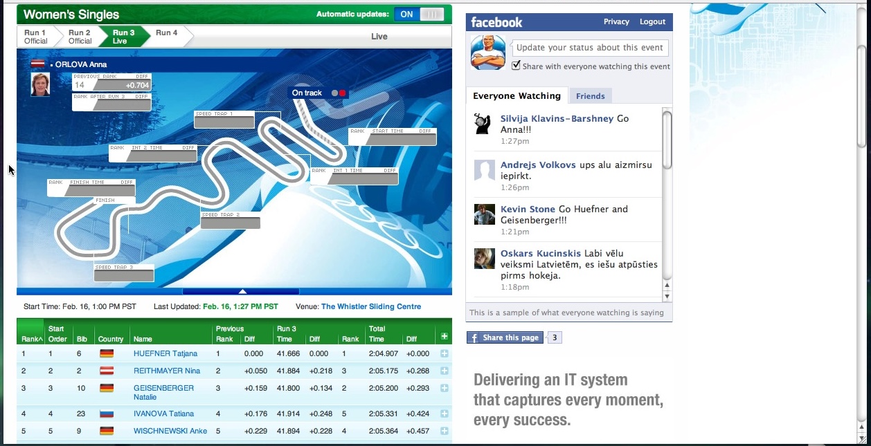 Live luge results and social integration on vancouver2010.com
